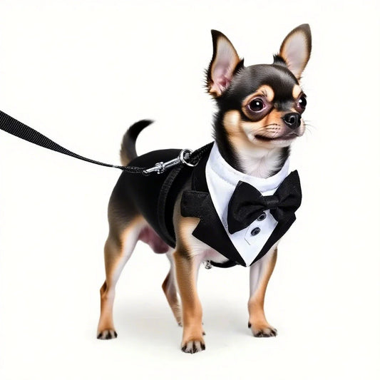 Dog Tuxedo Harness Breathable Engagement Birthday Valentines Costume Adjustable Bow Tie Pet Vest Harness for Small Medium Dogs