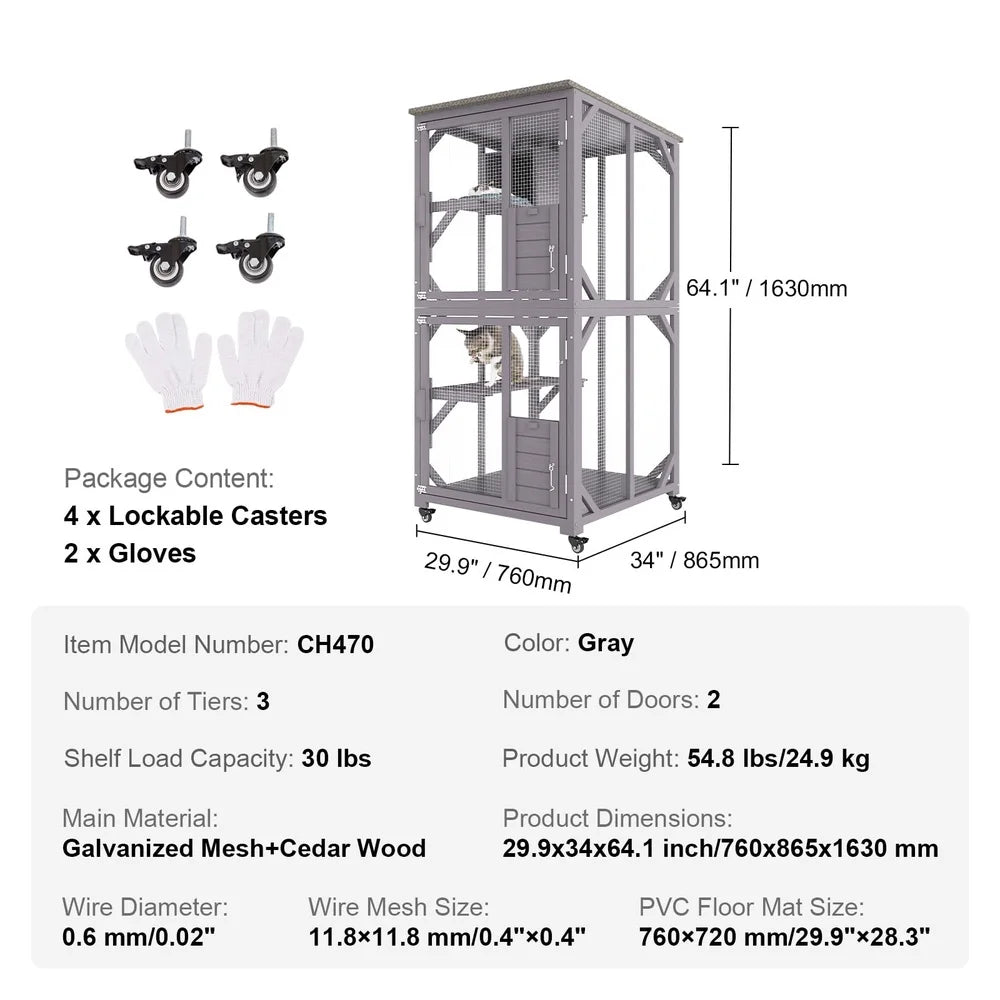 3-Tier Outdoor Cat House with Waterproof Roof Galvanized Wire Mesh Lockable Wheels Easy Mobility Large Playpen Cats