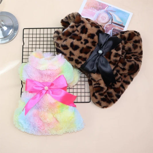 Winter Autumn Pet Warm Fashion Color Skirt Fleece Warm Rainbow Candy Color Cute Plush Skirt Leopard Print Bow Dog Clothes Dress