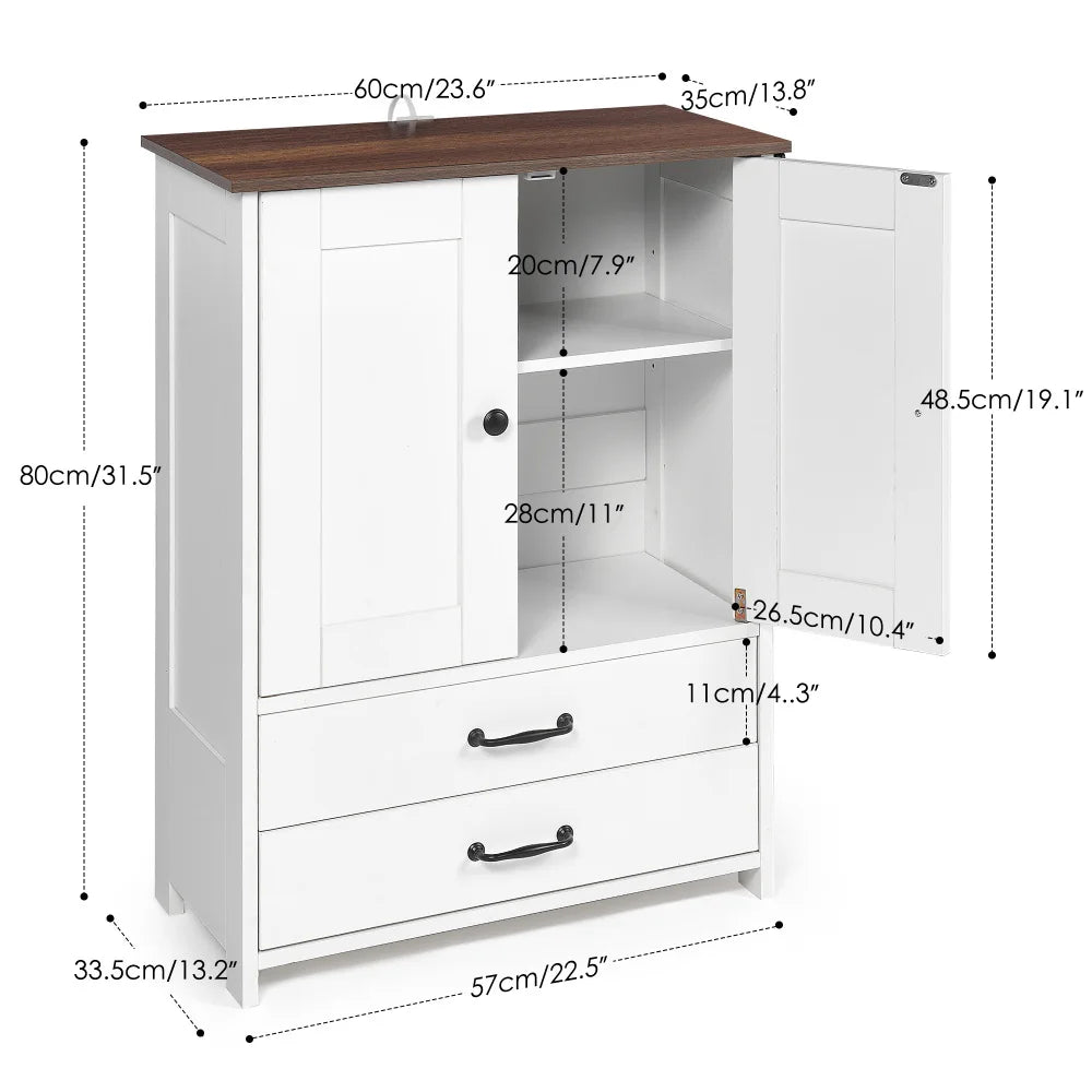 Dog feeding station, double door locker with 2 adjustable dog bowls, 3 hooks on right side, white