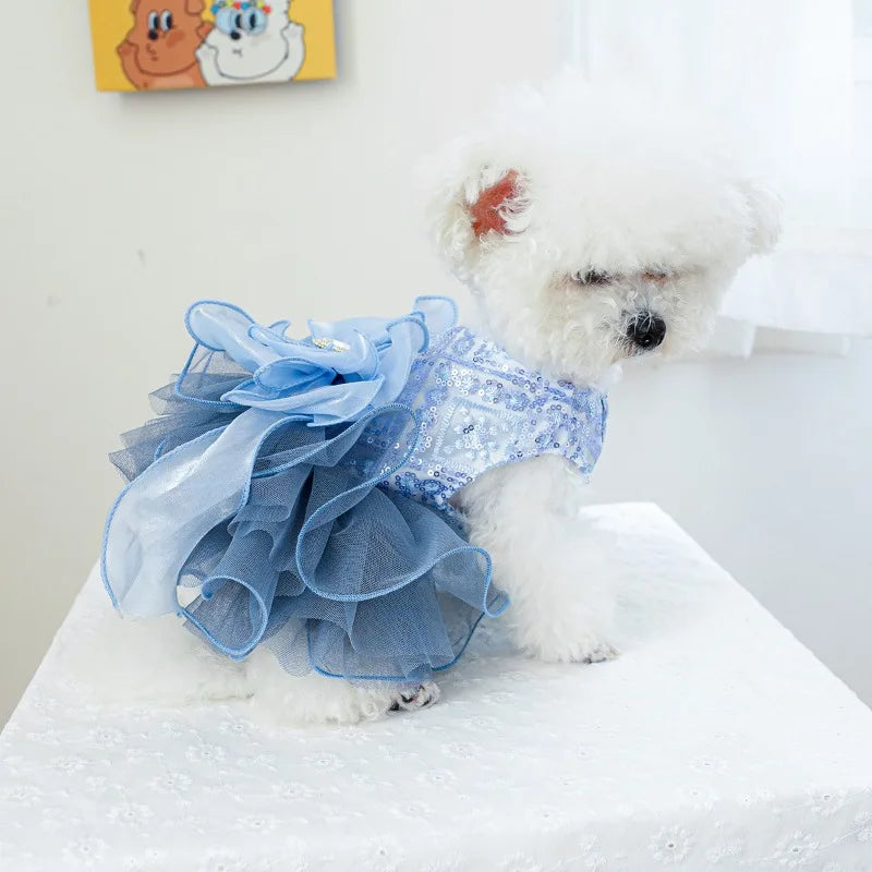 Pet Dog Cat Universal Clothing Fluffy Gauze Blue Galaxy Wedding Dress Take Photos and Dress Up for Weddings Festivals Gatherings
