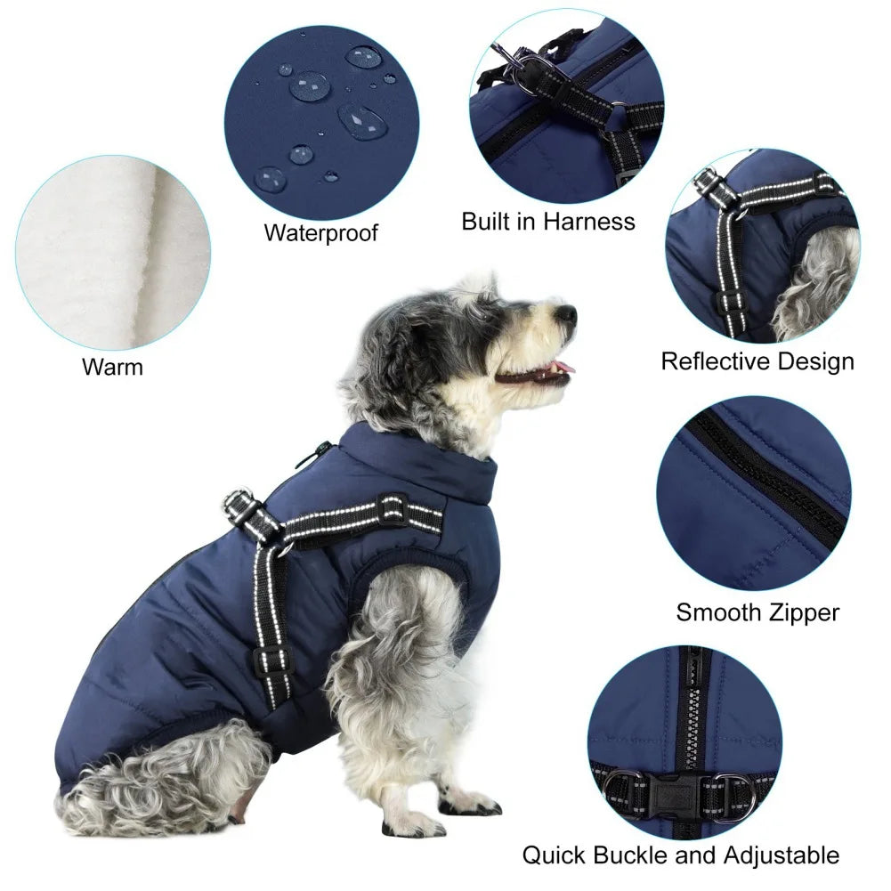 Pet Dog Jacket With Harness Winter Warm Dog Clothes For Labrador Waterproof Big Dog Coat Chihuahua French Bulldog Outfits