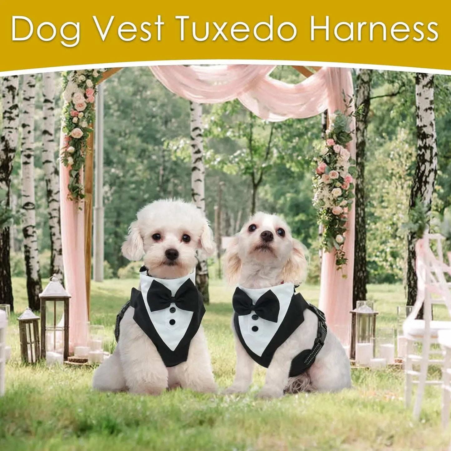 Dog Tuxedo Harness Breathable Engagement Birthday Valentines Costume Adjustable Bow Tie Pet Vest Harness for Small Medium Dogs