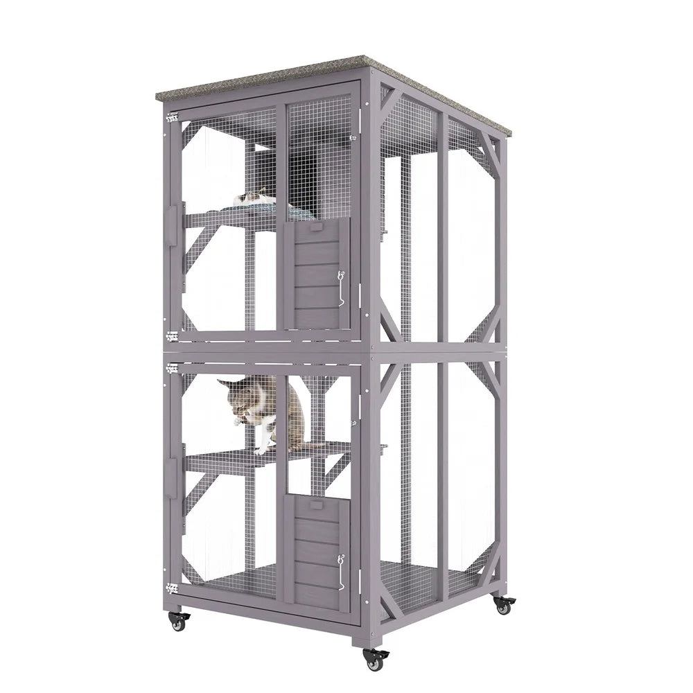 3-Tier Outdoor Cat House with Waterproof Roof Galvanized Wire Mesh Lockable Wheels Easy Mobility Large Playpen Cats