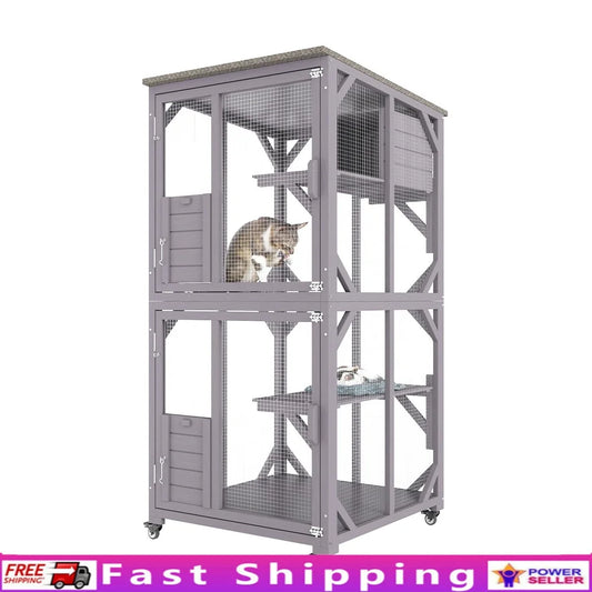 3-Tier Outdoor Cat House with Waterproof Roof Galvanized Wire Mesh Lockable Wheels Easy Mobility Large Playpen Cats