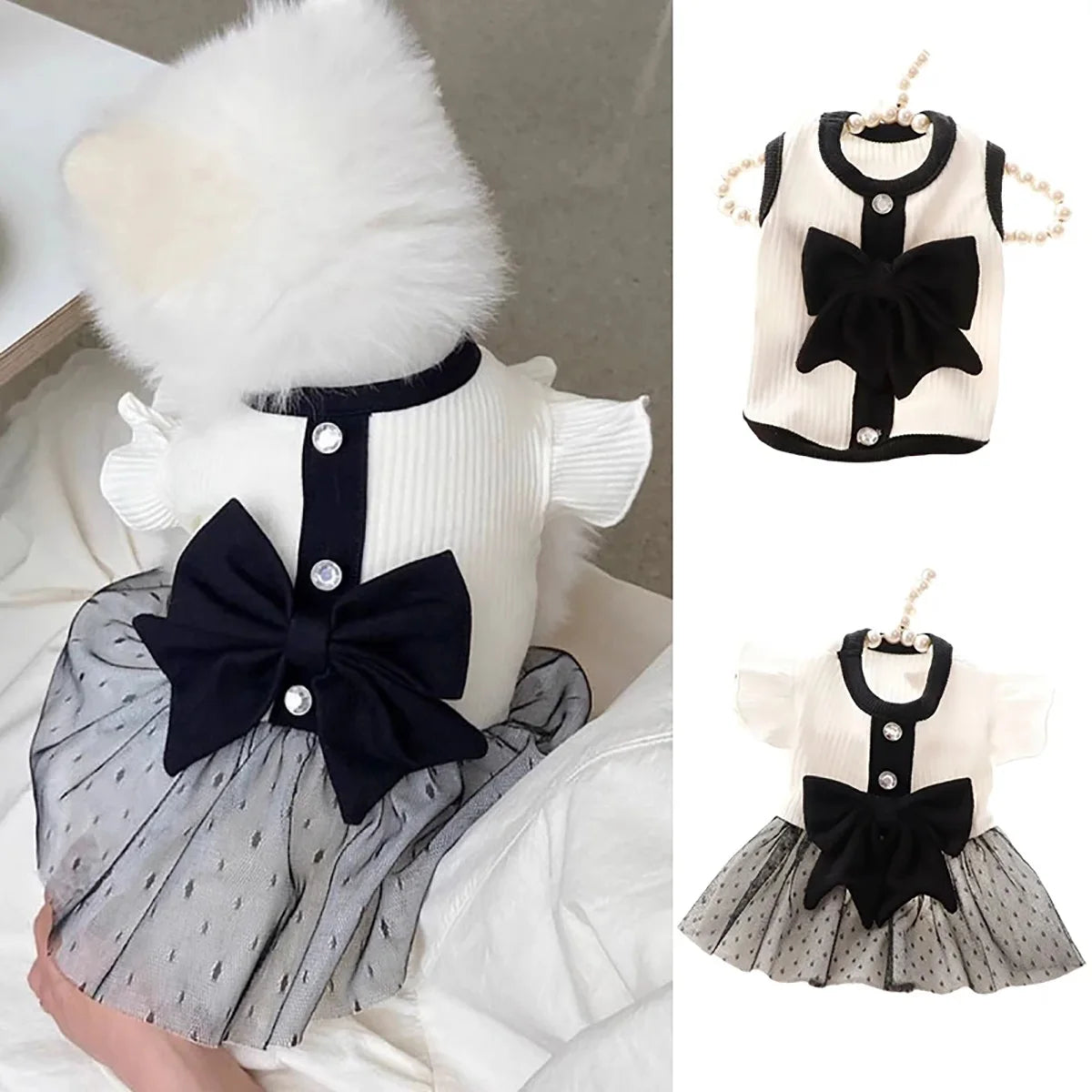Spring Summer Thin Princess Dog Dress for Small Dog Clothes Bowknot Dog Vest Black & White Cat Clothes Cat Skirt  Soft Pet Cloth