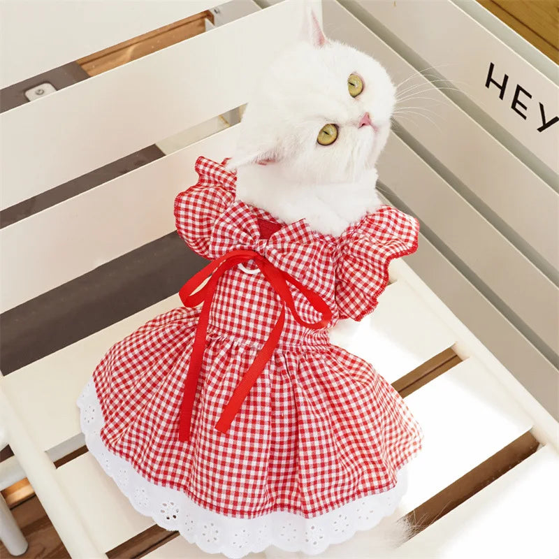 Puppy Princess Skirt Pet Dog Clothes for Small Dogs Summer Pet Dress Fashion Plaid Cat Flying Sleeve Dresses Girls Dog Costume