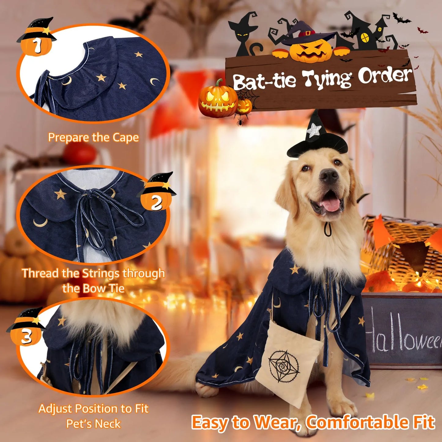 Halloween  Dog Outfit with Attached Treat Pocket Cape and Matching Hat for small middle Large Deluxe  Breeds