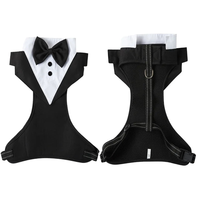 Dog Tuxedo Harness Breathable Engagement Birthday Valentines Costume Adjustable Bow Tie Pet Vest Harness for Small Medium Dogs
