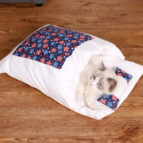 Cat Bed Warm Cat Sleeping Bag Deep Sleep Cave Winter Removable Pet House Bed for Cats Dogs Nest Cushion with Pillow