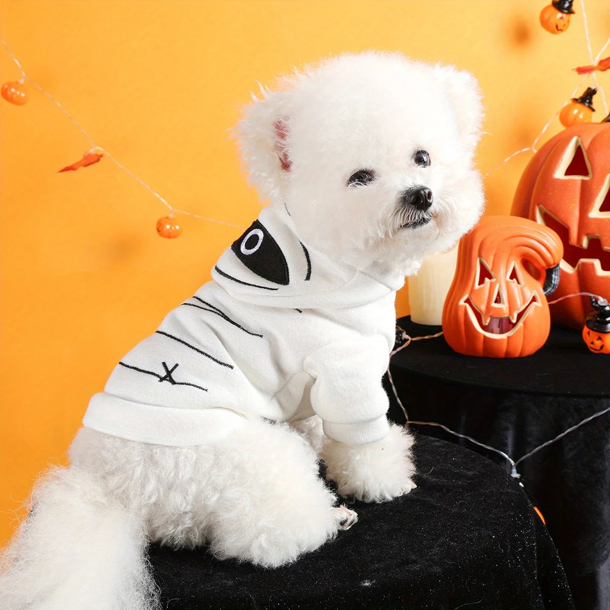 Halloween Mummy Sweater Pet Clothes Dog Cat White Warm Funny Embroidered Open Button Hooded Jacket