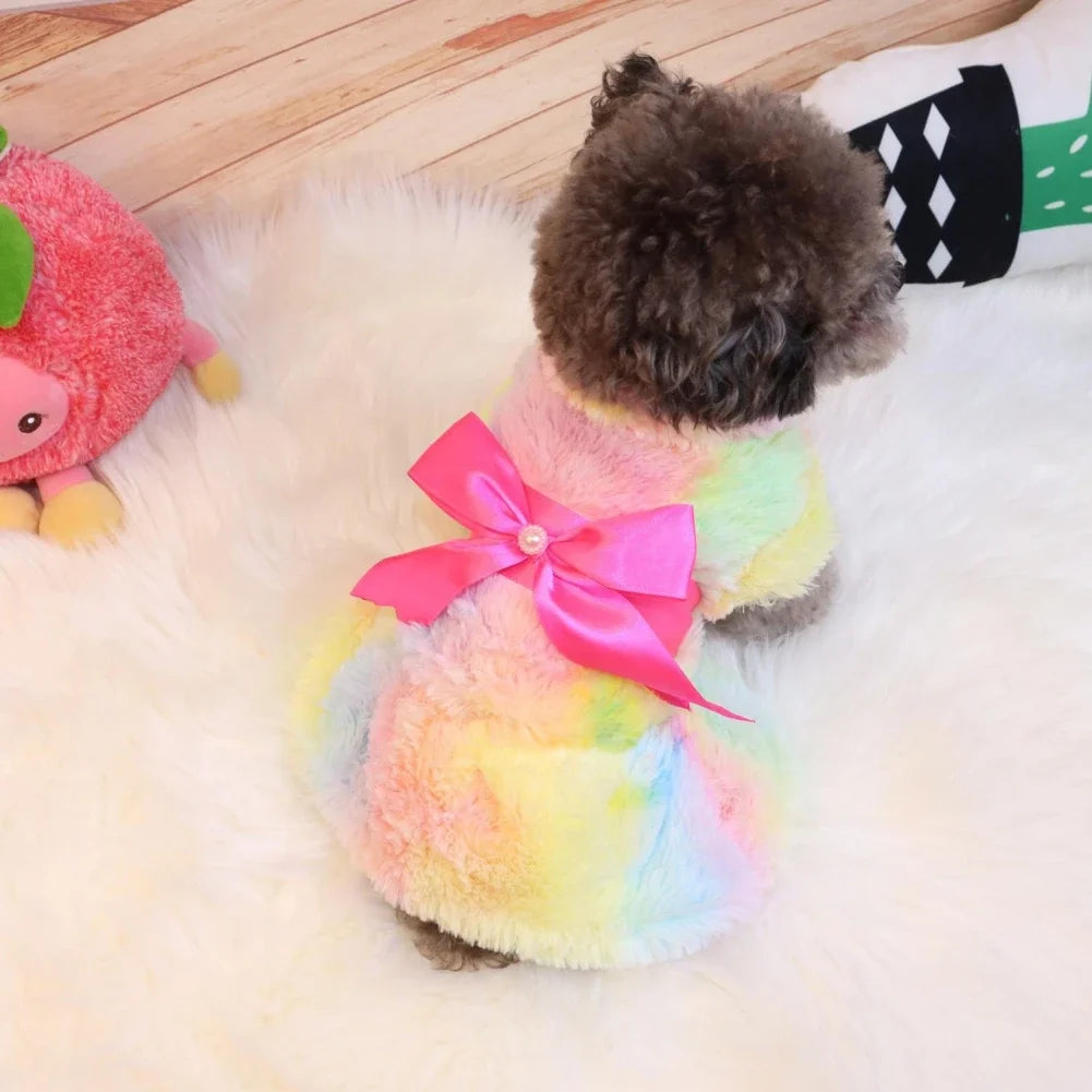 Winter Autumn Pet Warm Fashion Color Skirt Fleece Warm Rainbow Candy Color Cute Plush Skirt Leopard Print Bow Dog Clothes Dress