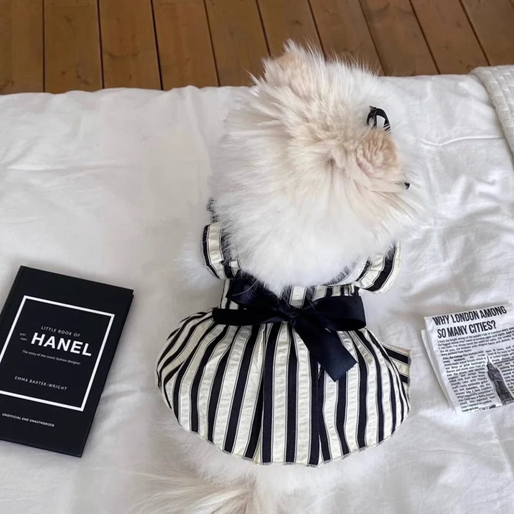 Big Bow Striped Small Dog Princess Dress Black Fashion Medium Cat Dress Thin Summer Puppy Skirt for Dog Clothes