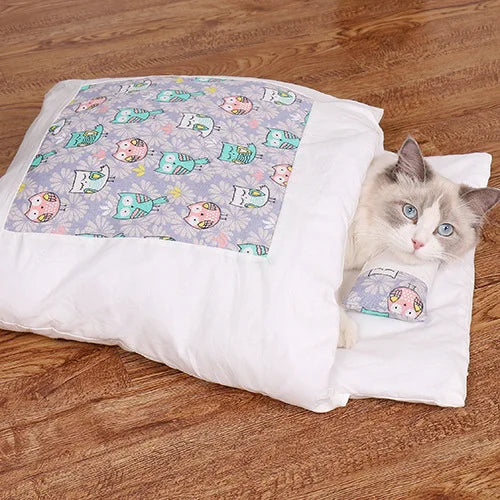 Cat Bed Warm Cat Sleeping Bag Deep Sleep Cave Winter Removable Pet House Bed for Cats Dogs Nest Cushion with Pillow