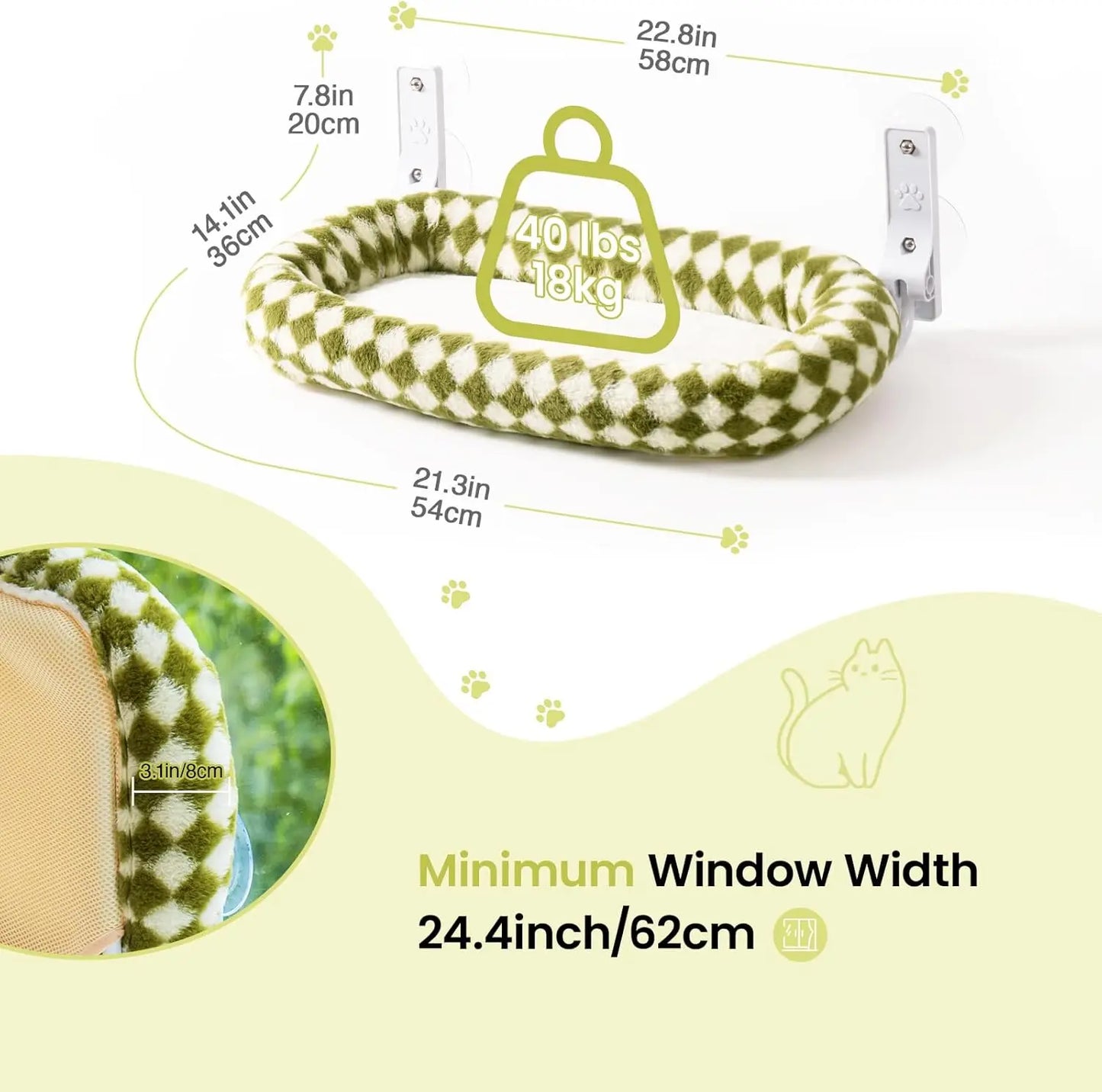 Mewoofun Foldable Cat Window Perch with 4 Strong Suction Cups  Cat Window Hammock Removable Soft Cover White Brown Green